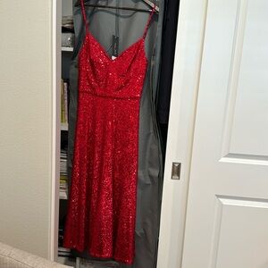 Red sleeveless sequined midi dress
